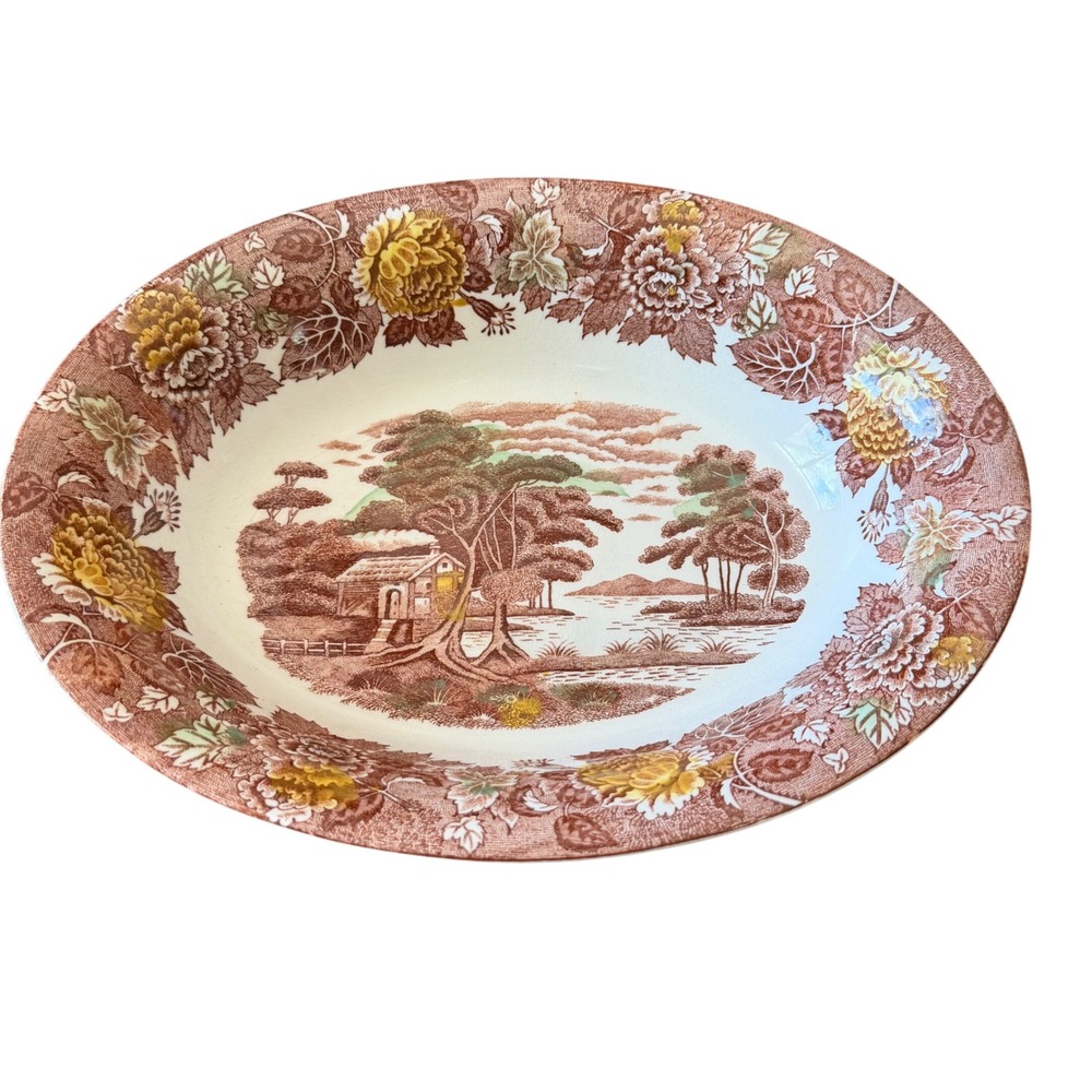 Vintage Nasco Mountain Wood-land Oval Serving Bowl Brown Transferware Japan